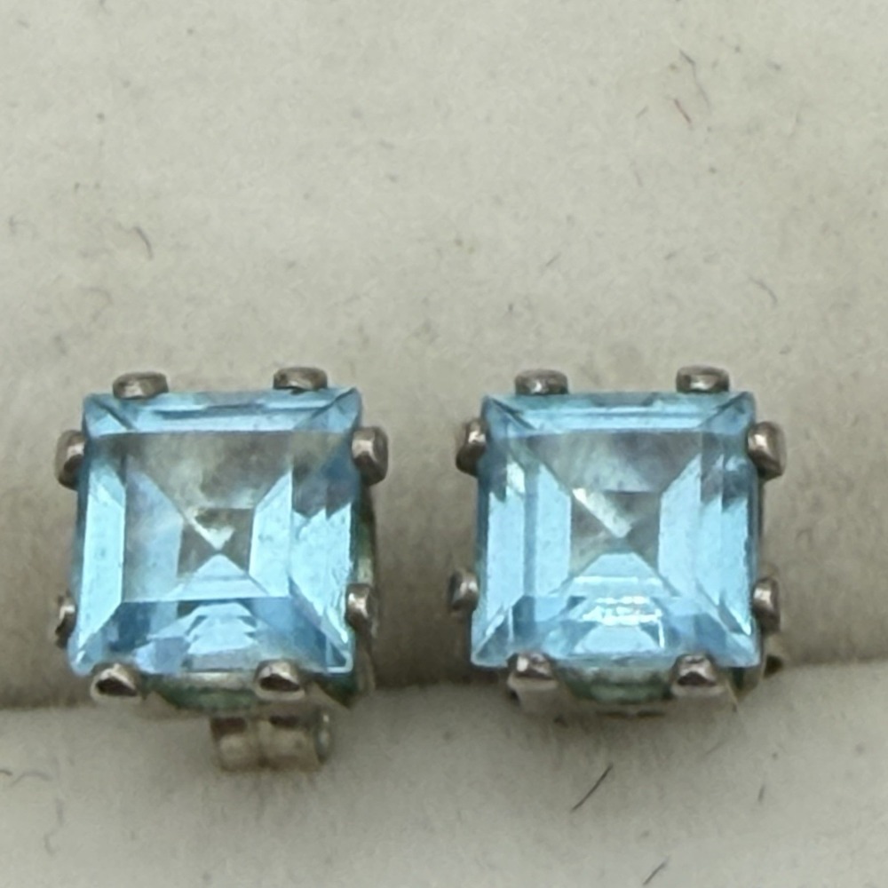 Vintage‎ Blue Topaz Sterling Silver 925 Stud Earrings Square Cut Estate